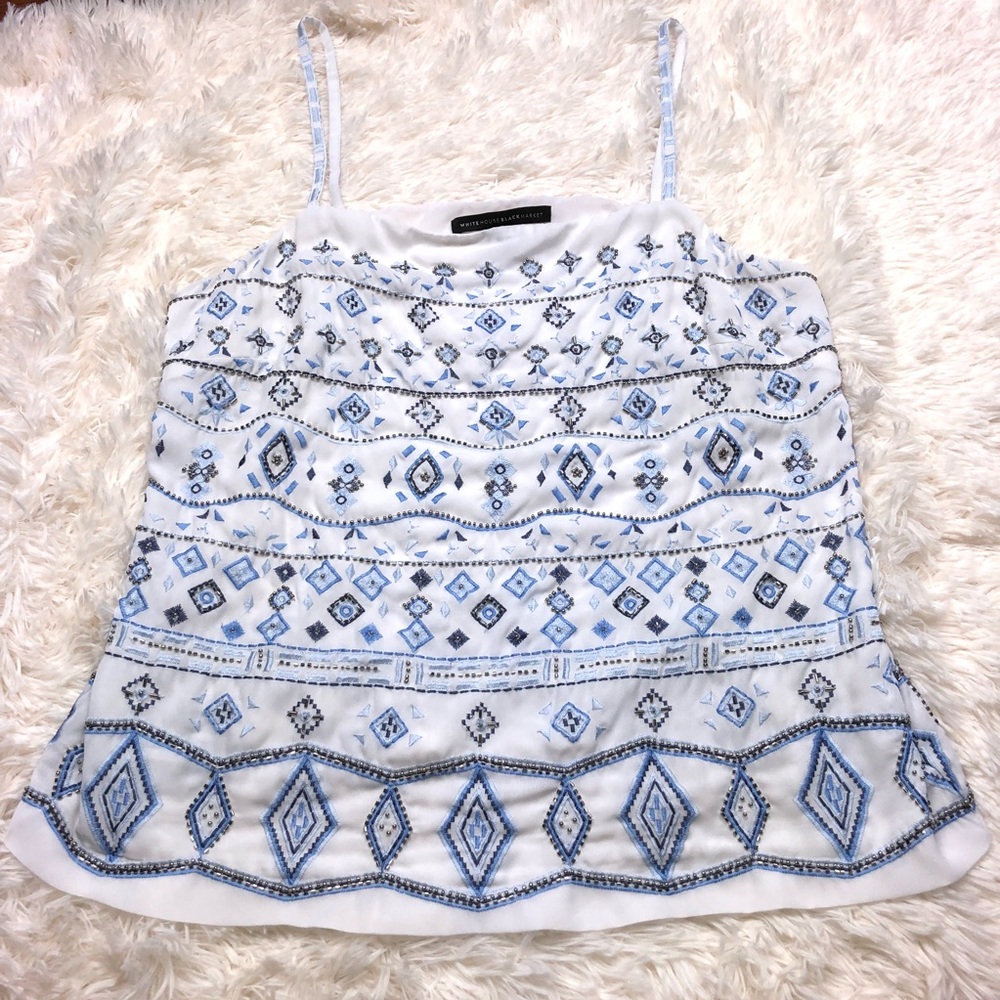 WHBM white and blue beaded blouse
